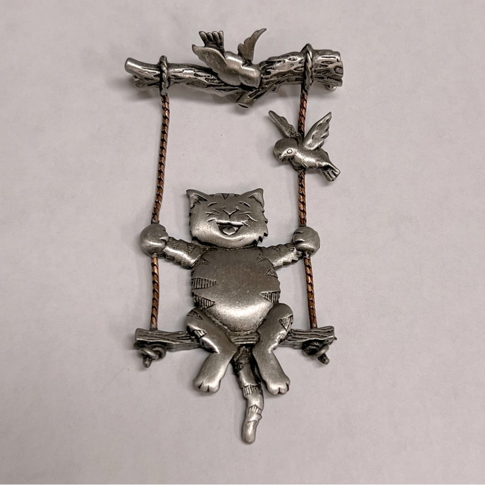 Vintage JJ Jonette Cat on Swing Pewter Brooch/Pin